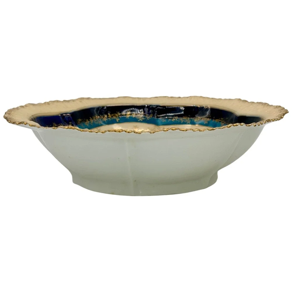 Antique Porcelain Floral Serving Bowl Cobalt‎ Blue Gold Gilt Scalloped Rim 10in